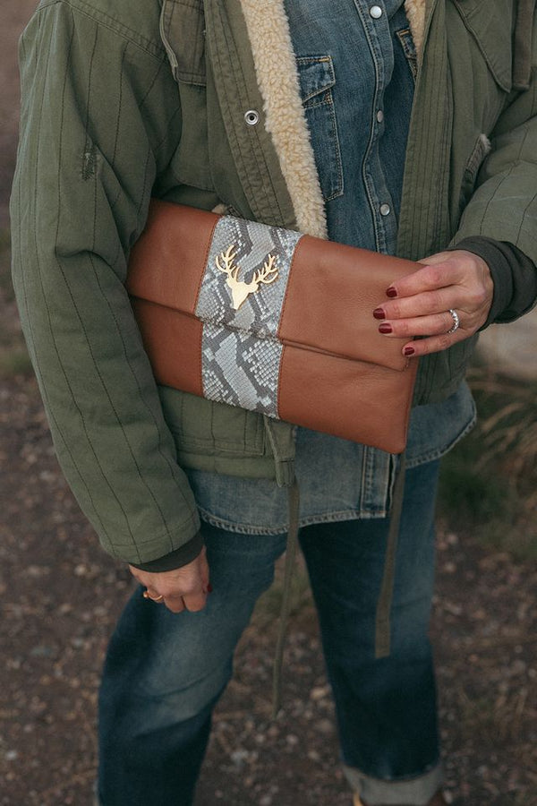 Leather and Python Foldover Clutch