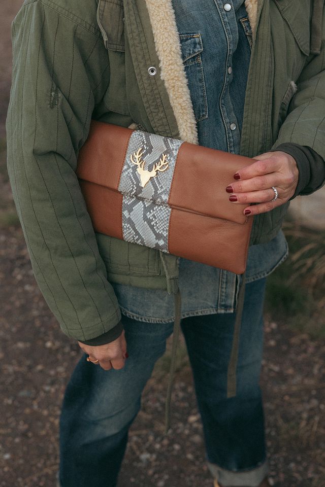 Leather and Python Foldover Clutch